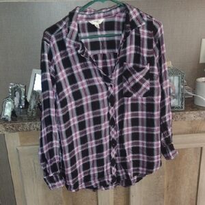 Terra & Sky Black and Pink Plaid Button Down Shirt